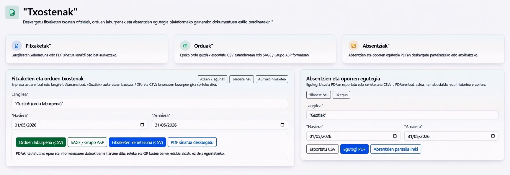 Txosten ofizialak, berrikusteko prest, esportatu eta egiaztatu