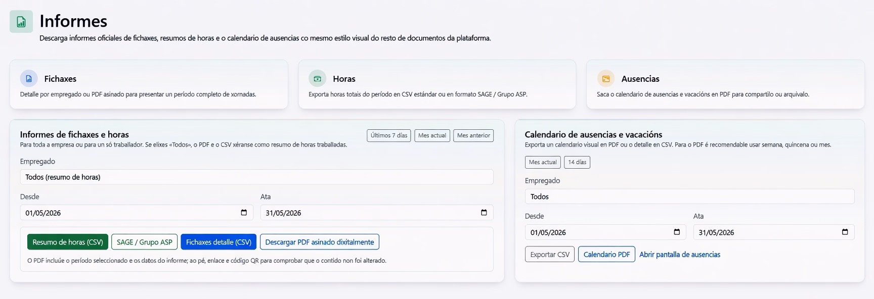 Informes oficiais, listos para revisar, exportar e verificar