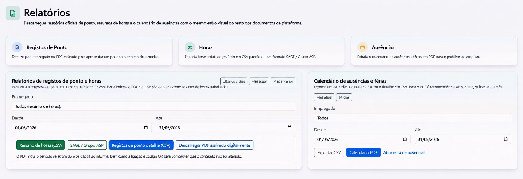 Relatorios oficiais, prontos para rever, exportar e verificar