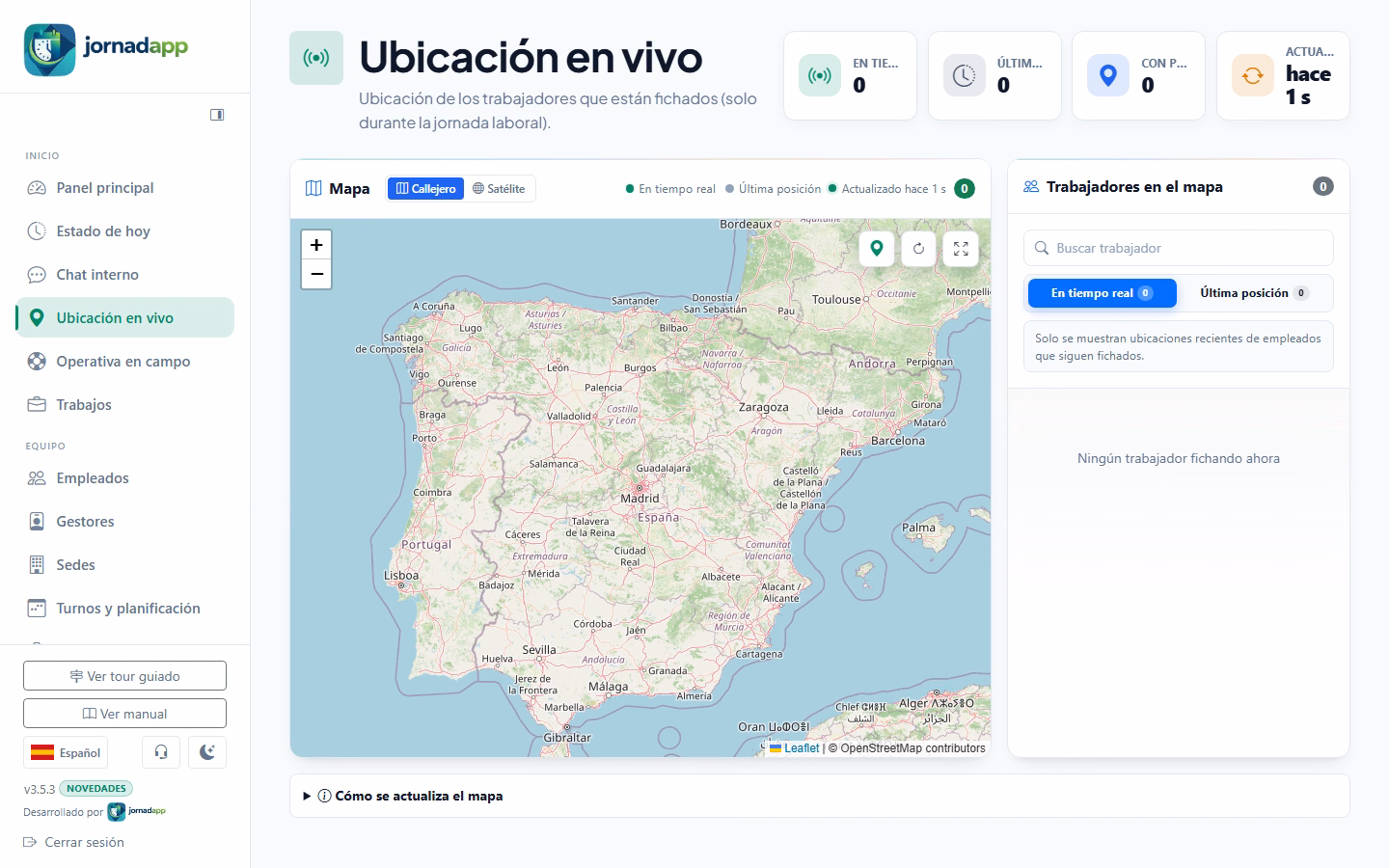 Panel de ubicación en vivo de Jornadapp con mapa y trabajadores